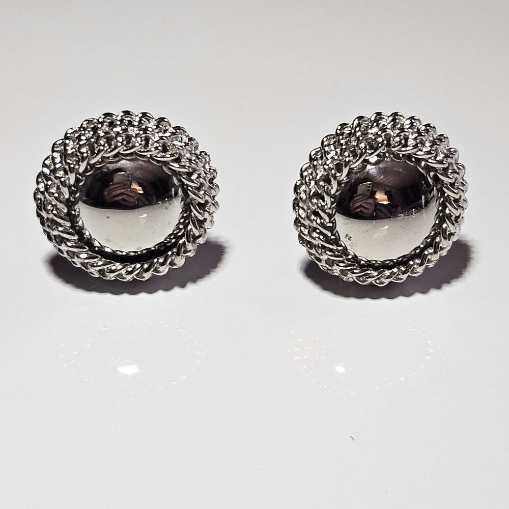 Vintage Silver Tone Round Chunky Clip On Earrings